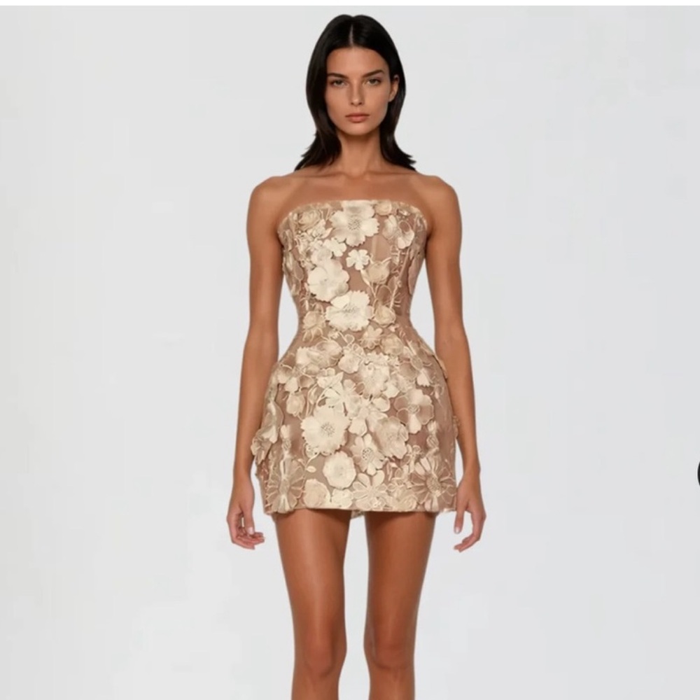 Strapless Floral Appliqué Mini Dress in Champagne